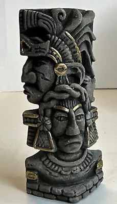 Mexican Folk Art Mayan Aztec Carving Totem Gray Black Gold Accents Stone? 4.75”T • $49.50