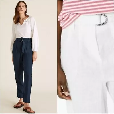 * BNWT M&S Navy Or White Linen Tapered Ankle Grazer Trousers   (ST113) • £13.99
