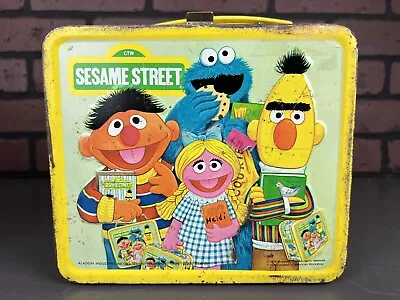 Vintage 1979 Sesame Street Gang Lunchbox Thermos Lunch Box Metal Yellow • $39.99