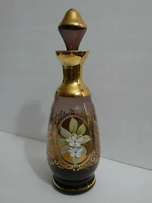 Vintage Murano Venetian Blown Glass Decanter Amethyst Hand Painted Floral Gold  • $69.99