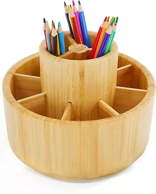 Bamboo Rotating Art Supply Desk OrganizerPencil Holder For Studio & Office • $54.99
