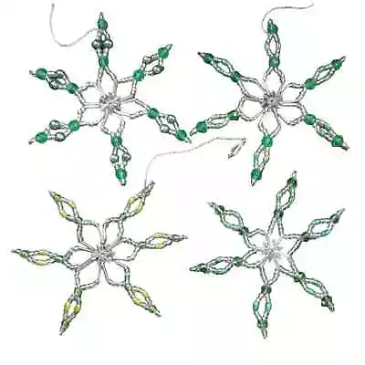 4 Vintage Beaded Snowflakes Christmas Ornaments Handmade Shades Of Green • $18