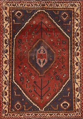 Vintage Rug 4x5 Ft.Geomentric Qashqai Oriental Handmade Low Pile Wool Carpet • $557.40