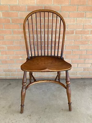 Vintage Windsor Side Chair English Elm Yew Wood Saddle Seat Crinoline Stretcher • $288