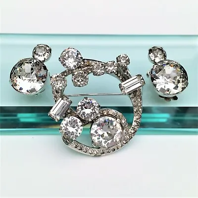 Vintage Signed Eisenberg Clear Rhinestone Brooch & Clip-On Earring Set • $98