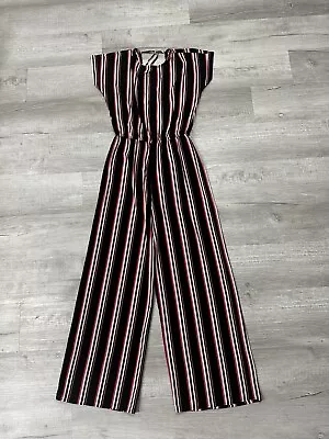 AMBIANCE Jumpsuit Size M Womens Striped Cross Back Black White And Red • $0.99