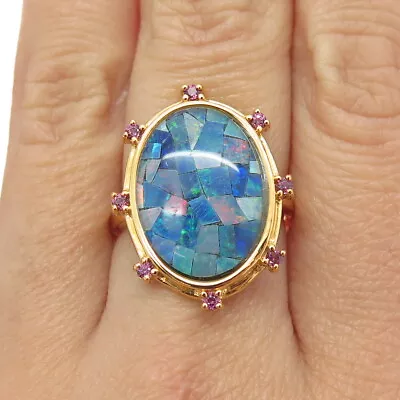 925 Sterling Silver Gold Plated Real Opal Inlay & Amethyst Ring Size 8 • $69.95