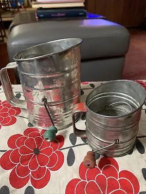 2 Vintage Sifters1 BROMWELL'S 3 Cup Green Wooden Handle + One  1 Cup Red Handle • $15