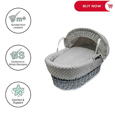 Grey Dimple Wicker Moses Basket With Grey Bedding Portable Baby Bassinet • £44.99