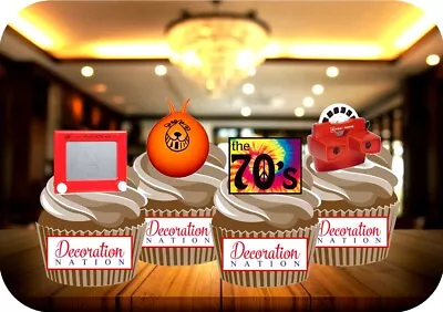 70s Retro Toys Mix - 12 PREMIUM STAND UP Edible Cake Toppers Space Hopper  Fun • £3.49