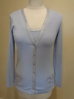 Marc Cain Light Blue Cotton Twinset With Silver Trim Detail - Size 12 (n.3) • £65