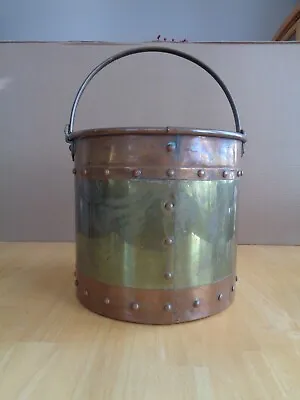 Brass And Copper Riveted Vintage Large Bucket Decor Kindling Storage • $55