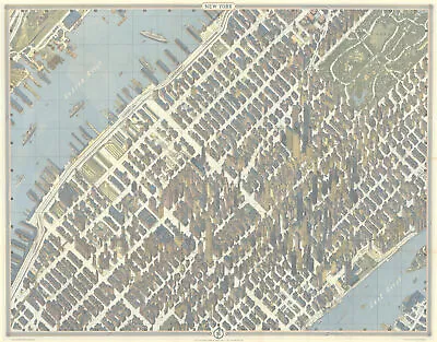 New York Pictorial Bird's Eye View City Plan. Manhattan. BOLLMANN 1962 Old Map • £200