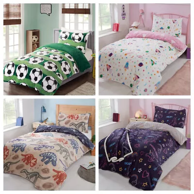 Boys Girls Single Reversible Fleece Duvet Cover Bedding Set Unicorn Football • £15.99