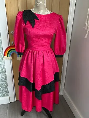 80s Vintage Pink Black Prom Cocktail Dress Layered Skirt. 8-10 Stunning! • £24.99