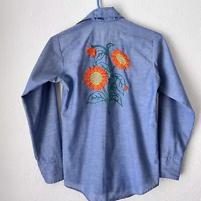 Vintage LEVIS Chambray Shirt 70s Orange Tab USA Floral Embroidered • $102