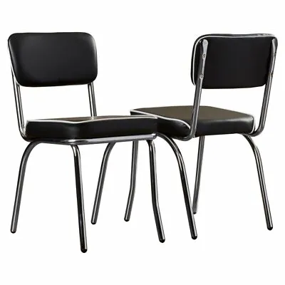 $206.30 • Buy Vintage Dining Side Chair Set Of 2 Metal Faux Leather Cushion Retro Chrome Black