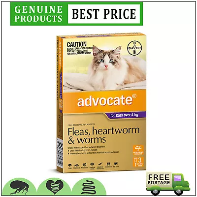 ADVOCATE 3 Doses Monthly Heartworm Flea Treatment For Cats Over 4 Kg PURPLE • $48.92