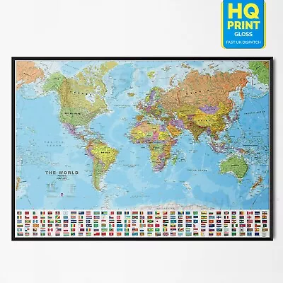  World Map Up To Date With Country Flag Educational Poster Print | A4 A3 | • £3.99