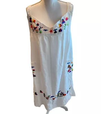 Vintage Mexican Peasant Sleeveless Embroidered Dress White Cotton Boho • $44.96