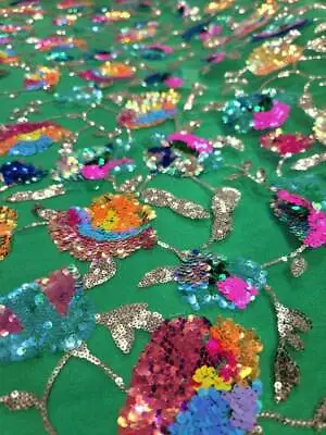 Green Lace Embroidery Multicolor Iridescent Sequin Floral Flowers On Green Mesh  • $34.99
