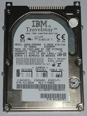 IBM Travelstar 6GB Internal Laptop HARD DRIVE 2.5  DARA-206000 IDE/PATA Vintage • £19.99