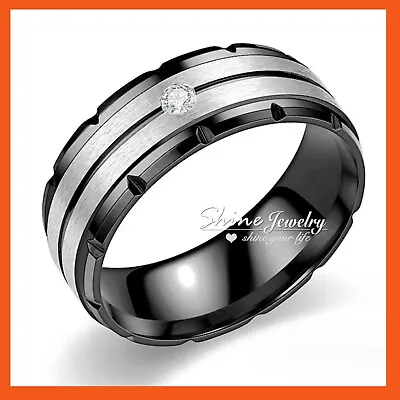 $10.97 • Buy Mens Silver Black Simulant Diamond Ip Comfort Band Engagement Wedding Biker Ring