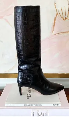 NEW Emerson Fry Sz. 37  Lou Walk Boot Black Tall Heeled BOOT Leather Croc • $249