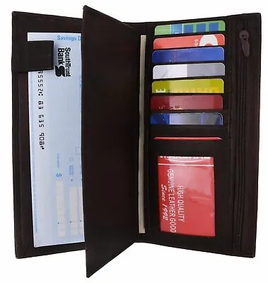 Brown Genuine Leather Checkbook Cover Wallet Organizer With Credit Card Holder • $15.19