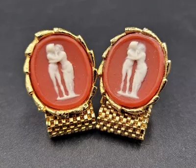 Cameo Cufflinks The Kiss Red Gold Tone Mesh Wrap Greek Mythology Mid Century 60s • $61.20