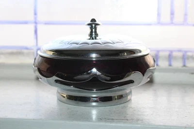 $48 • Buy Art Deco Covered Bowl Farber Bros Krome Kraft Amethyst Purple Glass 