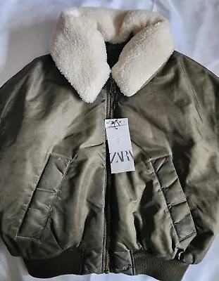 Zara Bomber Jacket Womens Xl Distressed Effect Nylon Green Faux Fur Collar Nwt • $69.99