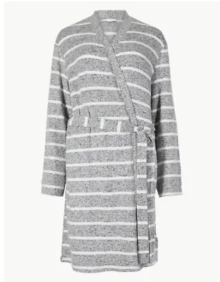 M&s Sleep Collection Grey Mix Striped Lounge Wrap Dressing Gown • £15.99