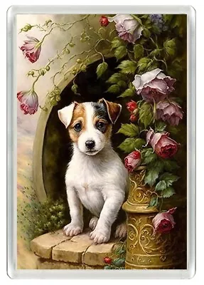 Jack Russell Terrier Puppy Dog & Flowers Art Print Novelty Fridge Magnet Gift • £3.49