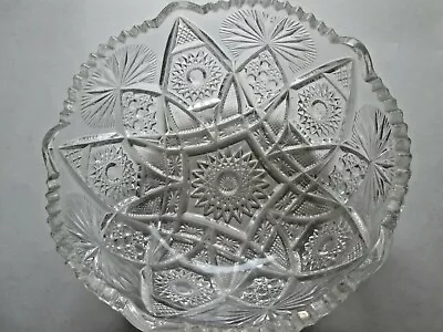 Vintage Art Deco Cut Glass Bowl 8  X 6  X 3.75  Dandelions Pyramids Sunflowers • $6.75