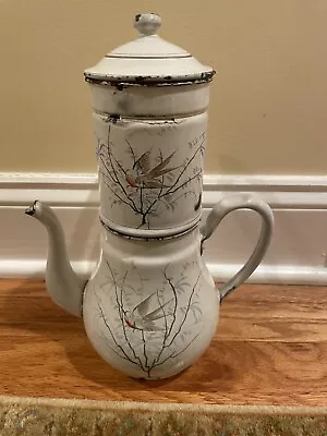 Unique Shaped Vintage White Enamelware Biggin Coffee Pot W/ Painted Bird Design  • $150