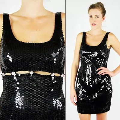 Vtg 80s 90s Y2K Black Sequin Trophy Cutout Bodycon Cocktail Party Mini Dress S M • $29.95