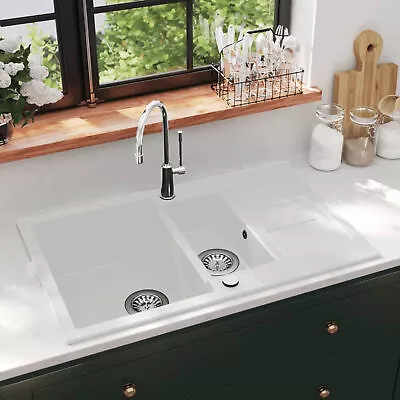 Granite Kitchen Sink Double Basins White Q3V5 • £229.74