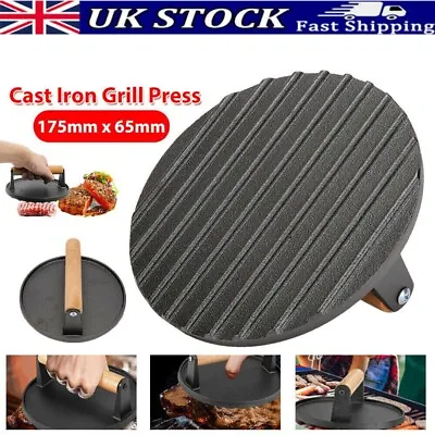 Kitchen Round Cast Iron Grill Meat Press Tool Steak Bacon Burger Press Black UK • £8.99