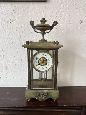 A French Four Glass And Onyx Mantle Clock White Enamel Dial Mercury Pendulum • $435.79