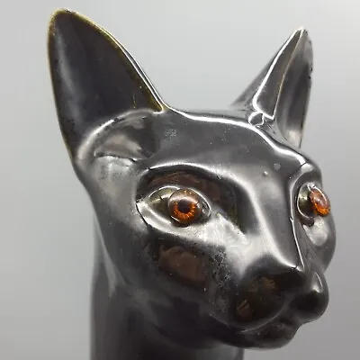 17  Black Cat Ceramic Long Neck Amber Eyes Egyptian Look Vintage Statue • $89.95