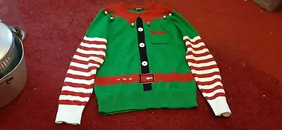 Elf Christmas Jumper Green With Jingle Bells Peacocks Mens Size Small • £5.99