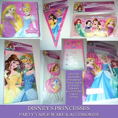 DISNEY PRINCESSES PARTY WARE Napkins BUNTING Invites STRAWS Treat Bag MASK Cover • £2.95