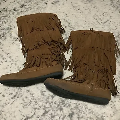 Hot Cakes Womens Boots Size 11W Triple Fringe Moccasin Boots Faux Suede Hippie • $22.97