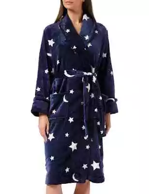 Iris & Lilly Navy Star Print Velvet  Fleece Dressing Gown & Belt Size 14-16  #3 • £7.99