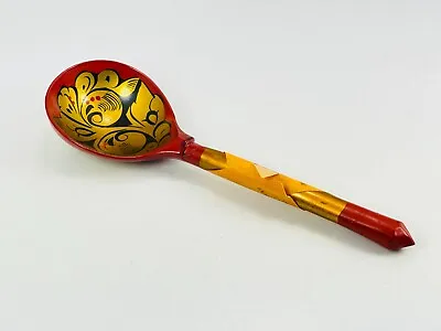 Vintage Hand Painted Russia USSR Wood Spoon Ladel W/ Original Label 8  Gold Red • $11.54