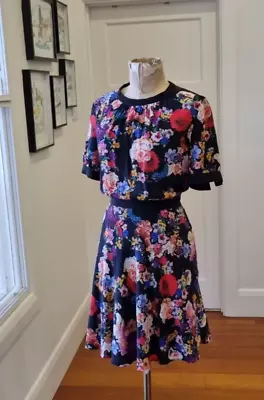 Marcs Size 10 Black Floral Print Silk Short Sleeve Vintage Style Dress • $50