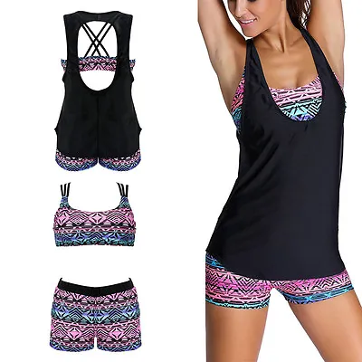 3pcs/set Womens Tankini Bikini Set Boy Shorts Swimming Costume Swimsuit Swimwear • £11.99