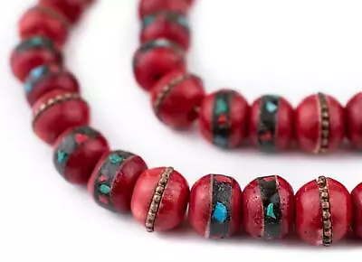 Red Inlaid Yak Bone Mala Beads 10mm Nepal Round Large Hole 35 Inch Strand • $22.05