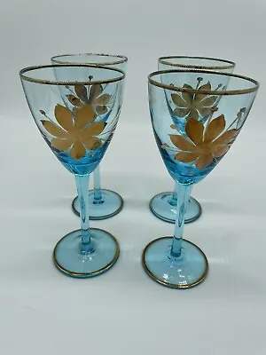 Vintage MCM Glass Stem Wine Glass Aqua Blue Gold Floral Romanian Set Of 4 • $28